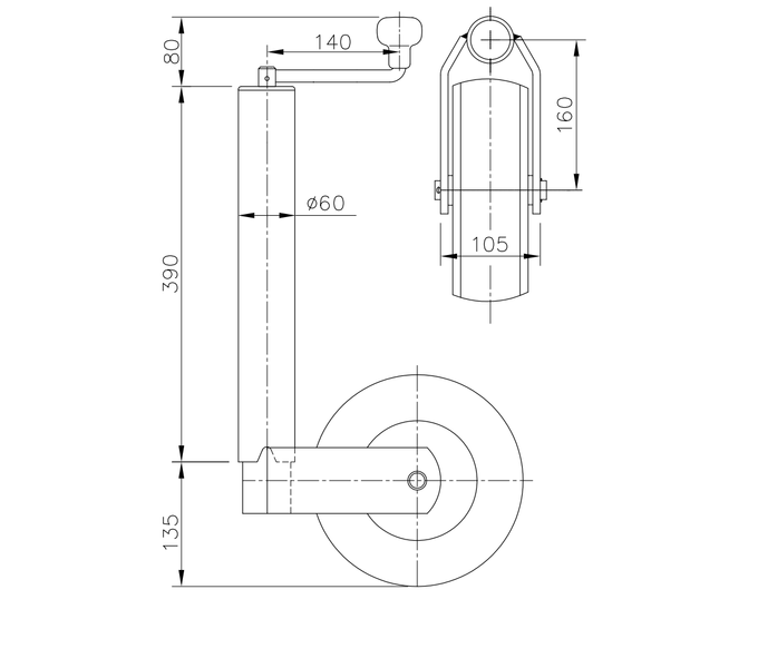 Roda de apoio WINTERHOFF ST60-V-255SB 400kg 60mm 525-755mm