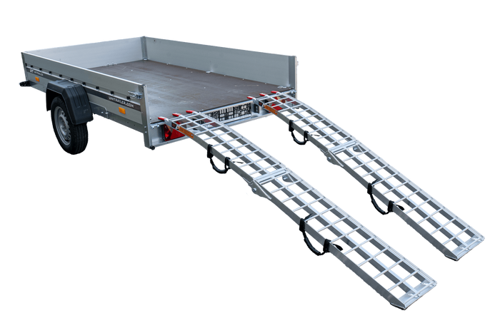 Rampas dobráveis UNITRAILER ALR002 em alumínio para reboques, 221 cm, 680 kg, com cinta, conjunto de 2 unidades.