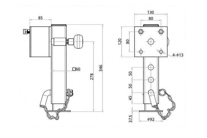 Suporte de manivela extensível UNITRAILER JL1 para reboque plataforma de 1500 kg, 346-576 mm