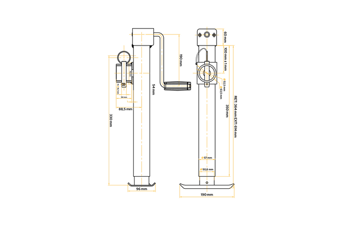 Suporte extensível com adaptador UNITRIALER TJ5001+TJ5002A para reboque plataforma de 1300 kg (364-614 mm)